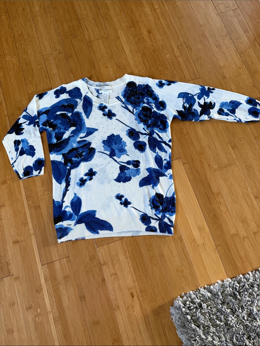 Rebecca Malone White Crewneck Sweater with Blue Floral Print Rhinestones